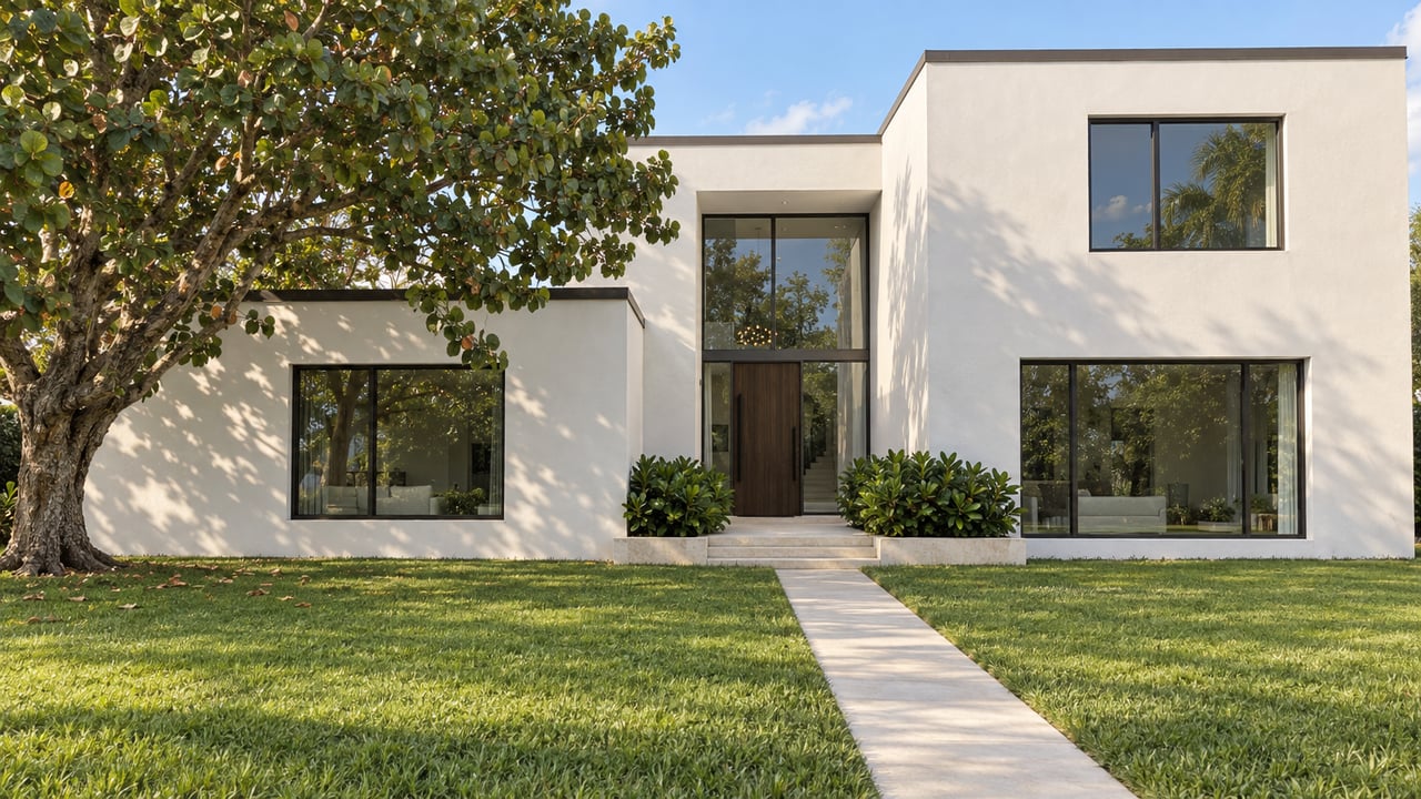 Contemporary white stucco house with a recessed oak entry, dark-framed windows, broad lawn, and mature tree.