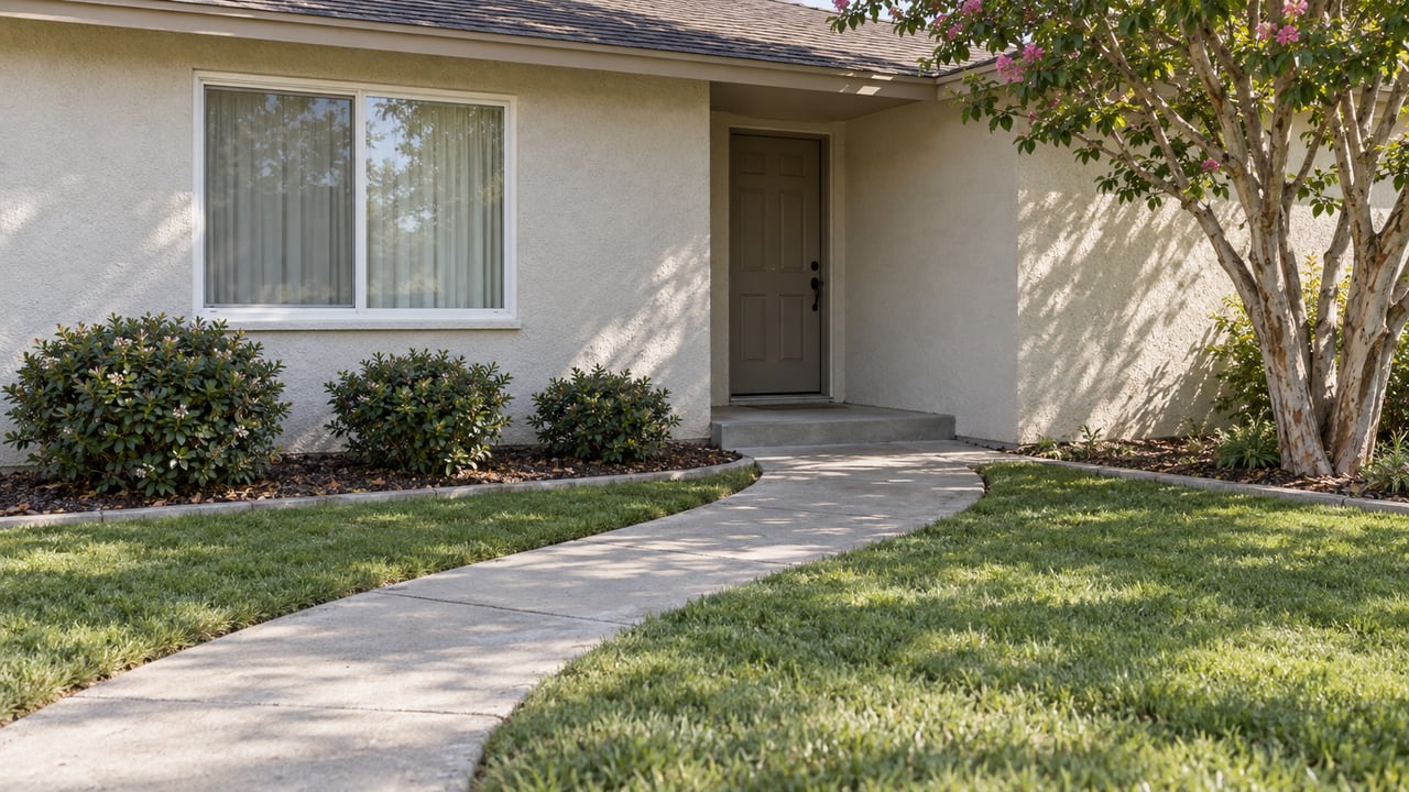 A concrete front walk crosses a green lawn toward a recessed taupe door in an off-white stucco home, with a broad window and carefully spaced shrubs.