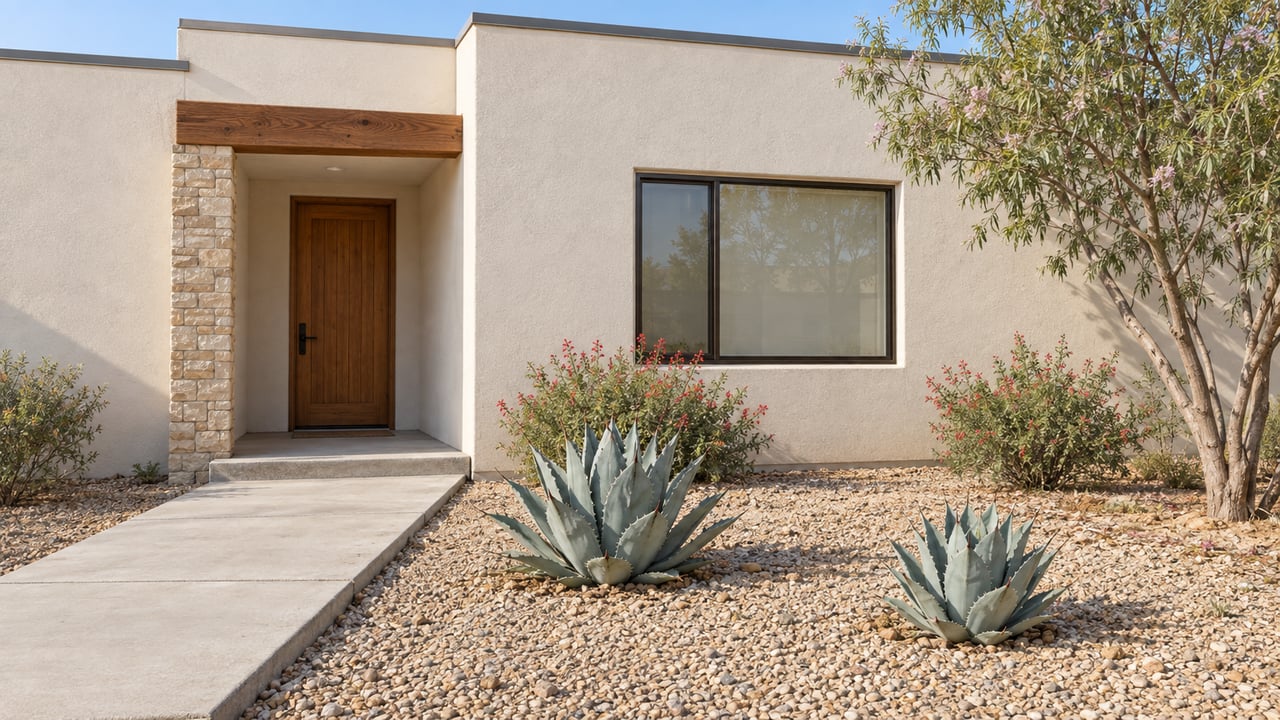 Warm-white single-story stucco home with a recessed timber entry, concrete approach and carefully spaced desert planting.
