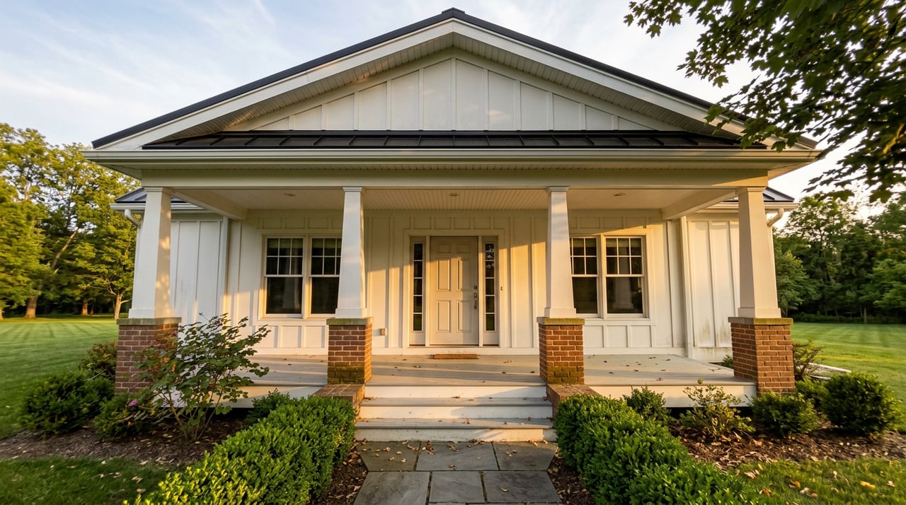 White farmhouse porch with black metal gable roof, brick column bases, and a bluestone path.
