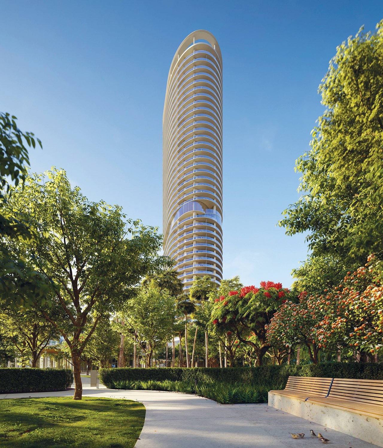 Tower from Canopy Park at Five Park in Miami Beach