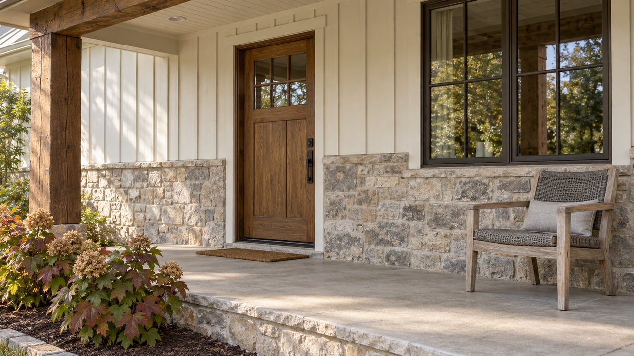 Morning light on a covered porch with an oak entry door, limestone base, weathered teak chair and oakleaf hydrangeas.