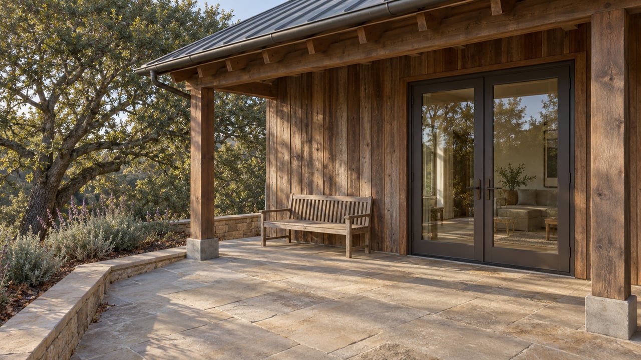 Sunlit sandstone terrace beside a weathered redwood home, with closed bronze-framed glass doors and a mature oak beyond the stone edge.