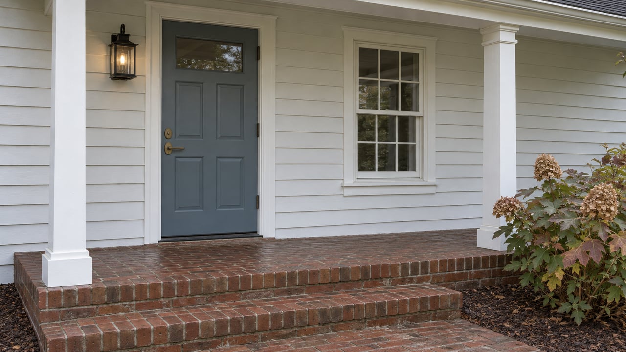 Close view of a white clapboard home's blue-gray front door, divided-light window, weathered brick steps, and oakleaf hydrangea.