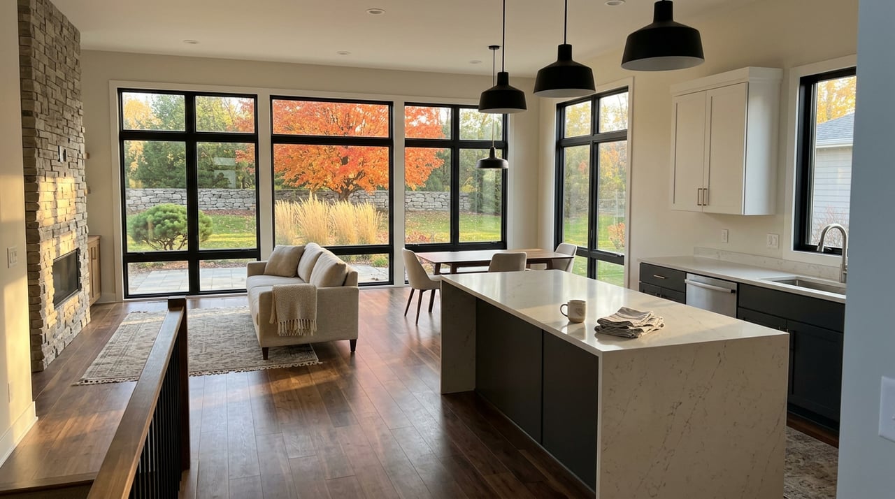 Open-plan kitchen with a quartz island, oatmeal sofa, and amber-red maple visible through black-framed windows.