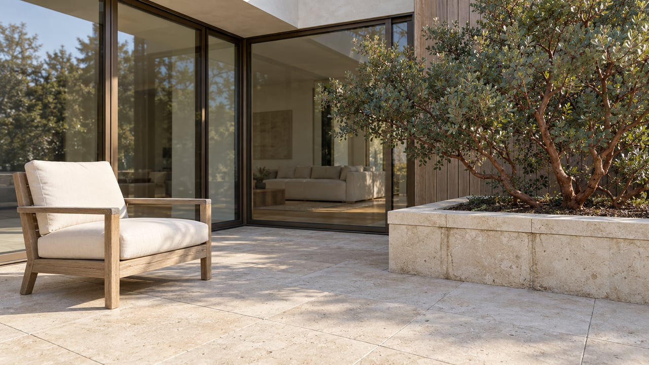 Morning light falls on a limestone terrace with a teak lounge chair beside bronze-framed glass doors and a raised manzanita planter.