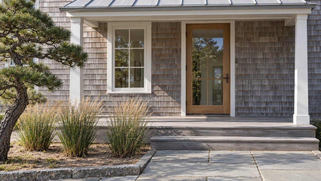 Silvered cedar house with a covered wood porch, glazed oak entry, bluestone approach and autumn grasses beneath a sculptural pine.