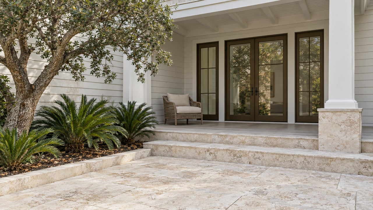 A light-sided coastal home with a covered timber porch, tall glazed doors and pale limestone courtyard beside a sculptural sand live oak.