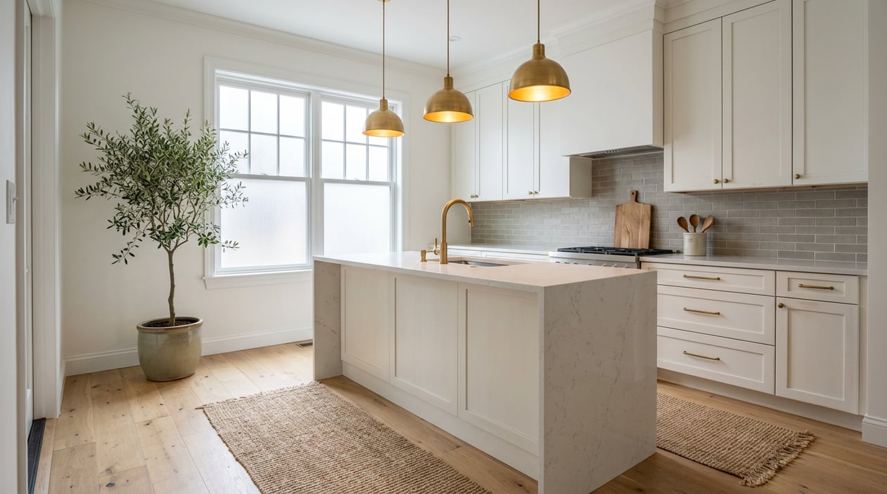 Renovated rowhouse kitchen with a quartz waterfall island, brass pendants, white cabinets, and a potted olive tree.