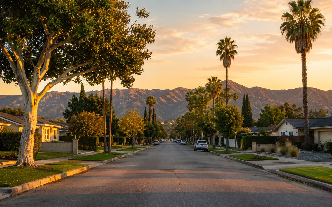 Quiet tree-lined residential street with single-family homes in Van Nuys, San Fernando Valley