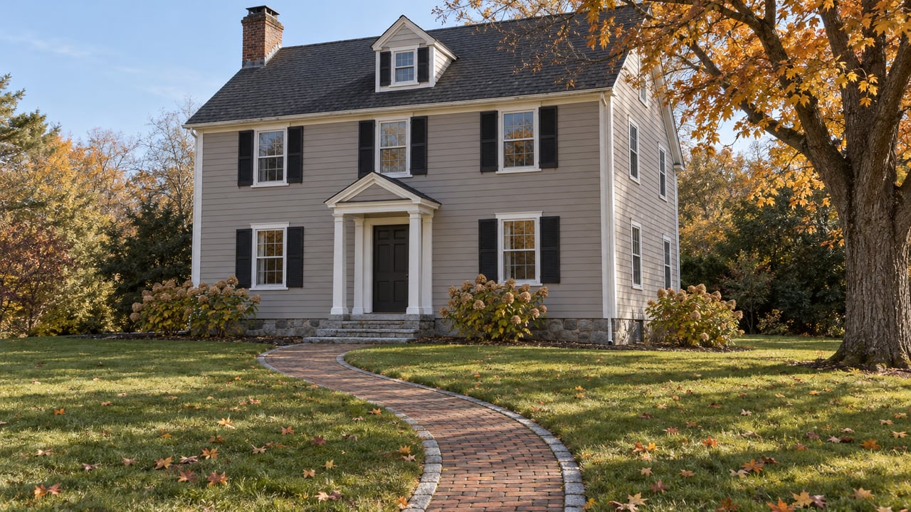 Taupe clapboard house with white entry columns and a curved brick walk across an autumn lawn beside an amber sugar maple.