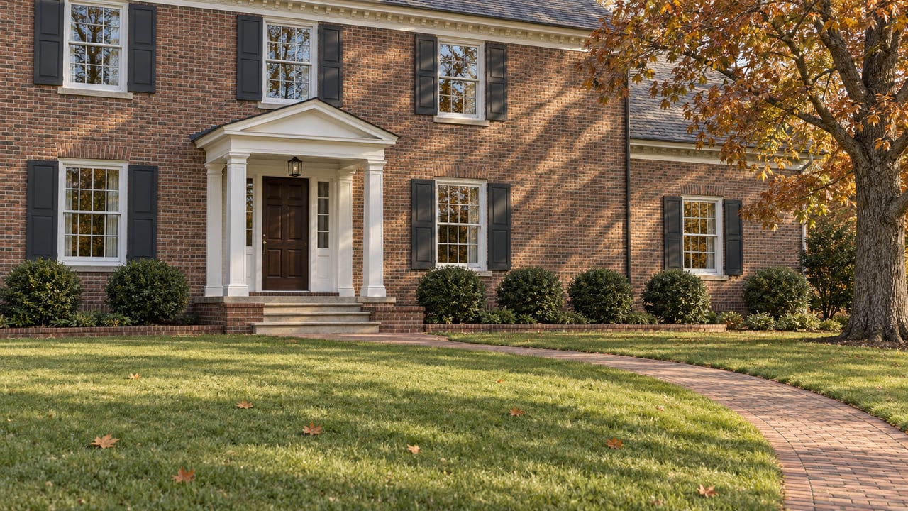 Brick home with a columned entrance, generous lawn, curved brick walk and copper-colored maple foliage.