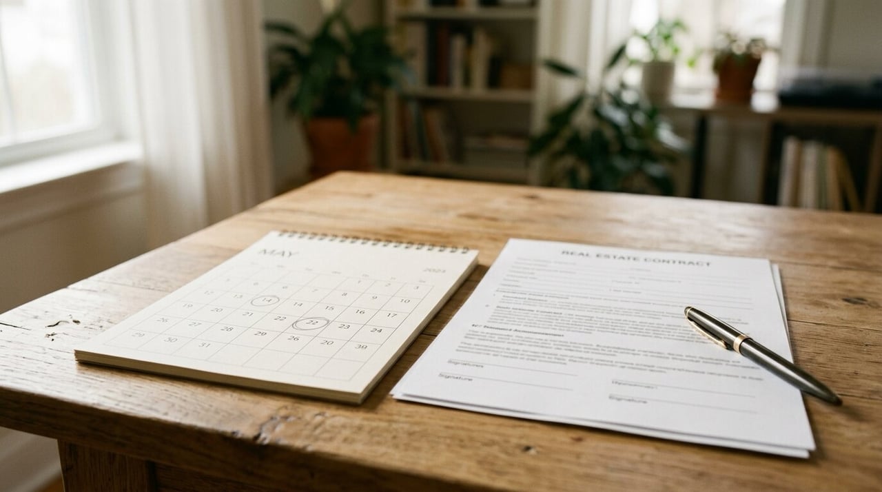 Desk calendar and contract with a pen, the timeline to buy a house in Texas