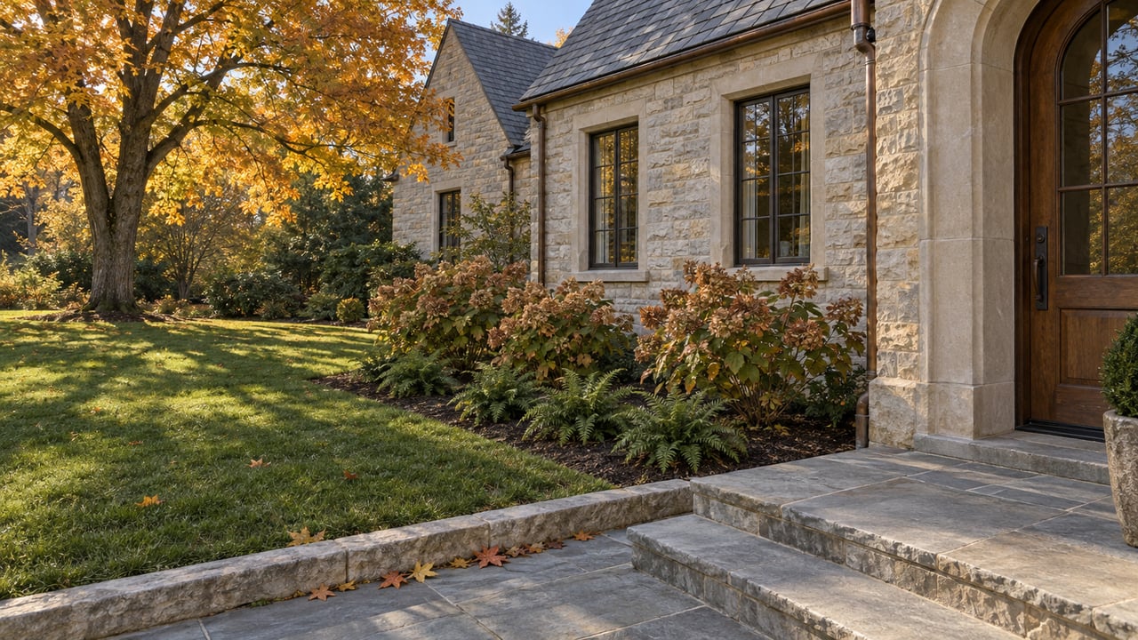 Autumn maple beside a limestone home, with bluestone entry steps, bronze-framed windows and a planted garden bed.