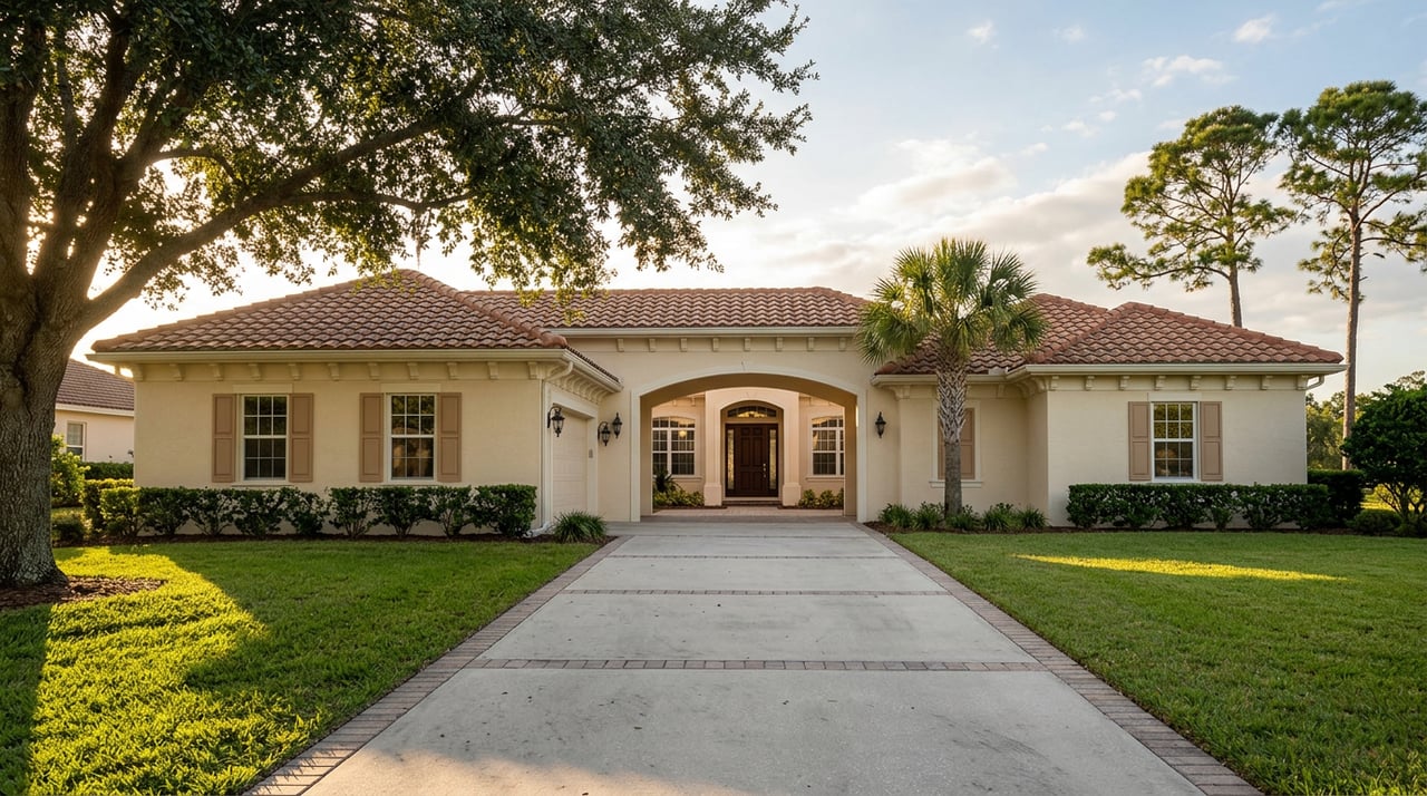 Stucco Mediterranean-style home with a terra-cotta tile roof, arched entry, long driveway, and mature oak.
