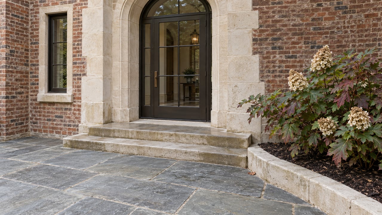 Limestone arched entrance with a bronze glazed door, weathered brick, broad stone steps and an oakleaf hydrangea beside a flagstone courtyard.