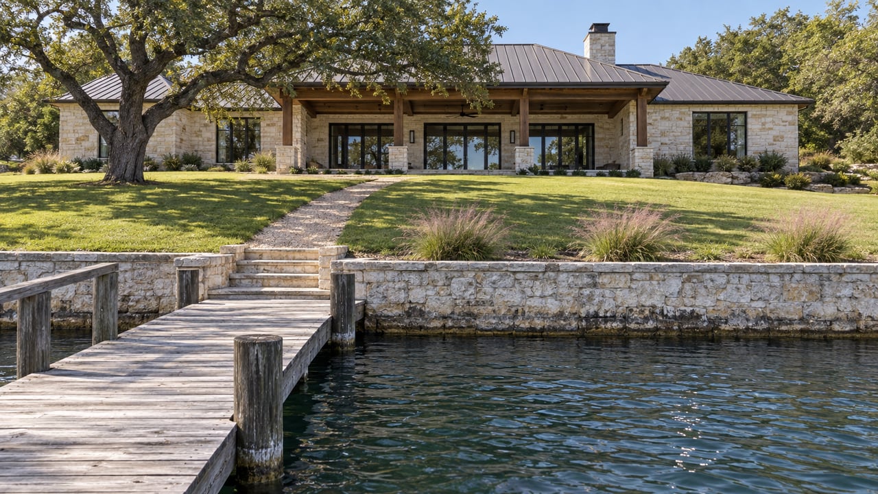 Limestone waterfront house with a covered porch, spreading oak, lawn, and cedar dock beside a stone retaining wall.
