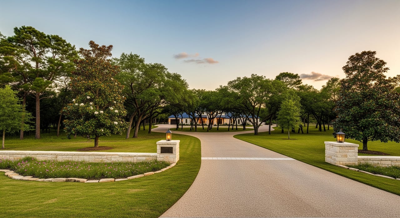 Paved driveway curves between stone gateposts toward a tree-lined estate at sunset.