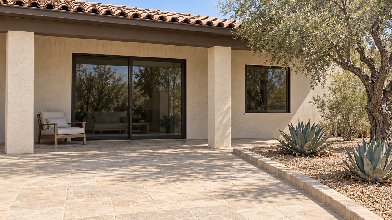 Pale stucco home with a clay tile roof, shaded limestone terrace and a desert ironwood beside two agaves.
