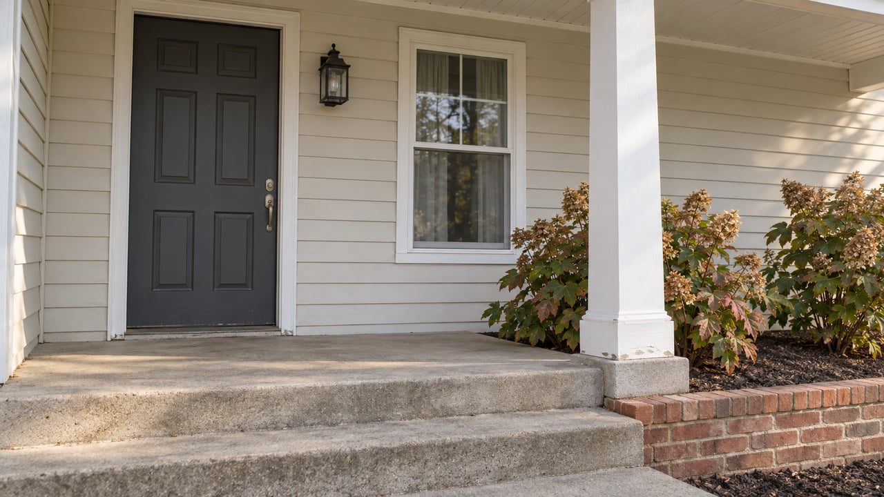 Covered entry of a cream-sided home with a charcoal door, brick foundation, concrete steps and autumn oakleaf hydrangeas.