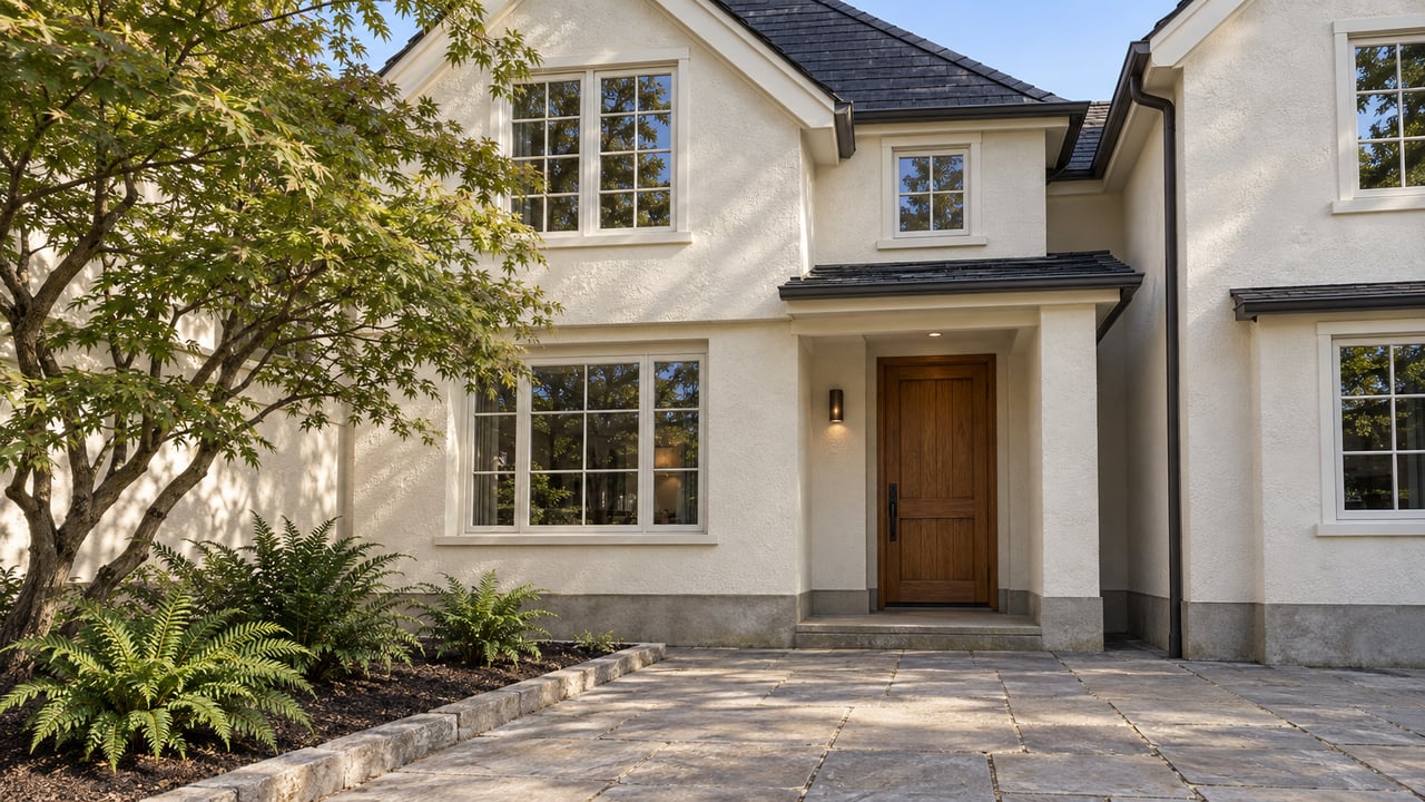 Light stucco attached homes with dark gabled roofs, divided-light windows and an oak entry beside a stone forecourt and Japanese maple.