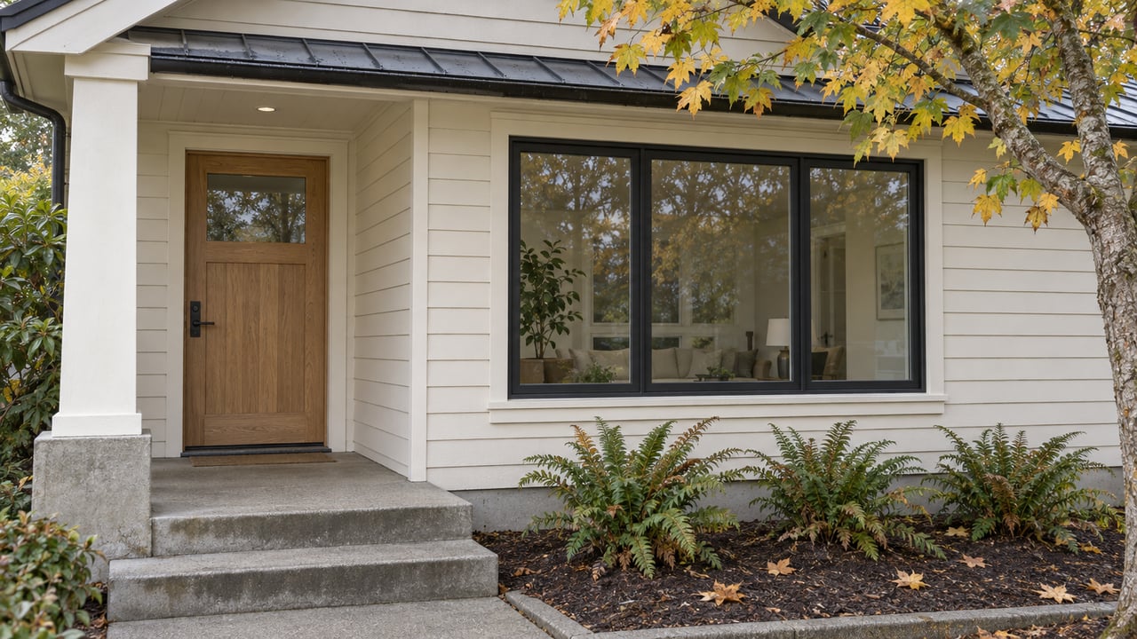 Ivory-sided home with an oak entry door, black-framed window, concrete porch steps and yellow maple leaves in cool autumn light.