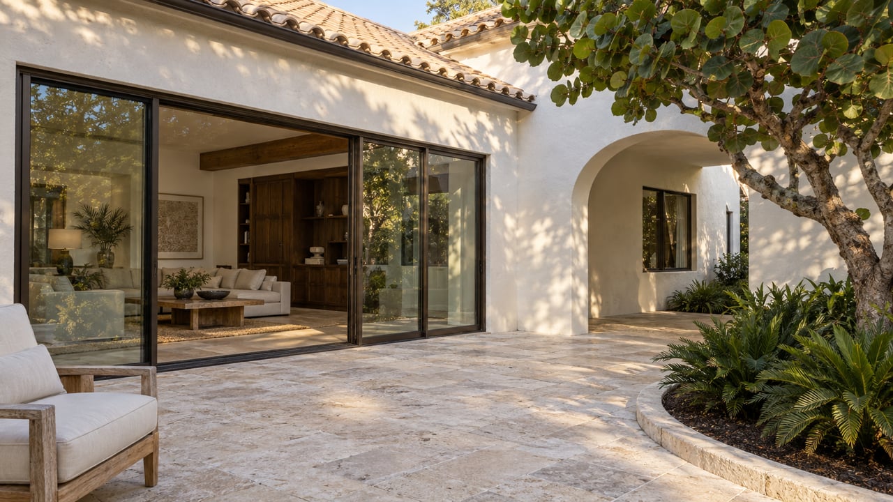 Sunlit stucco courtyard with bronze-framed glass doors, limestone paving, a teak lounge chair and sculptural sea grape planting.