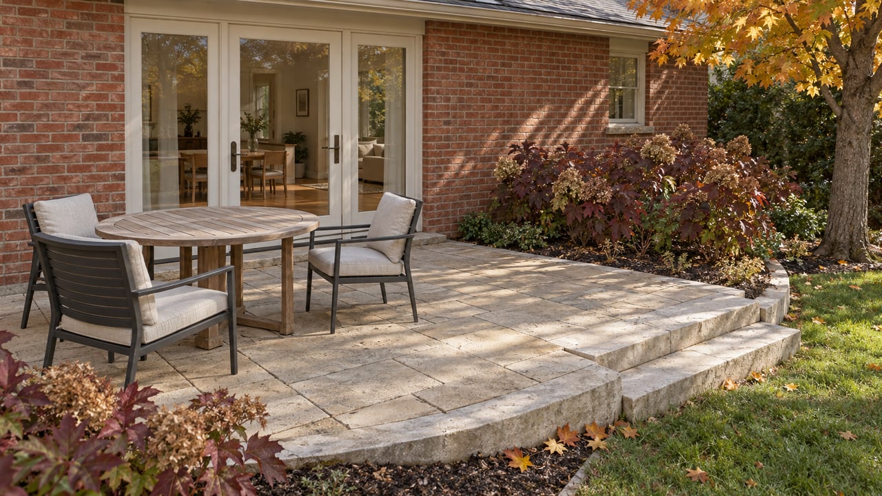 An autumn terrace beside a brick home, with teak dining furniture, limestone edging and an amber maple.