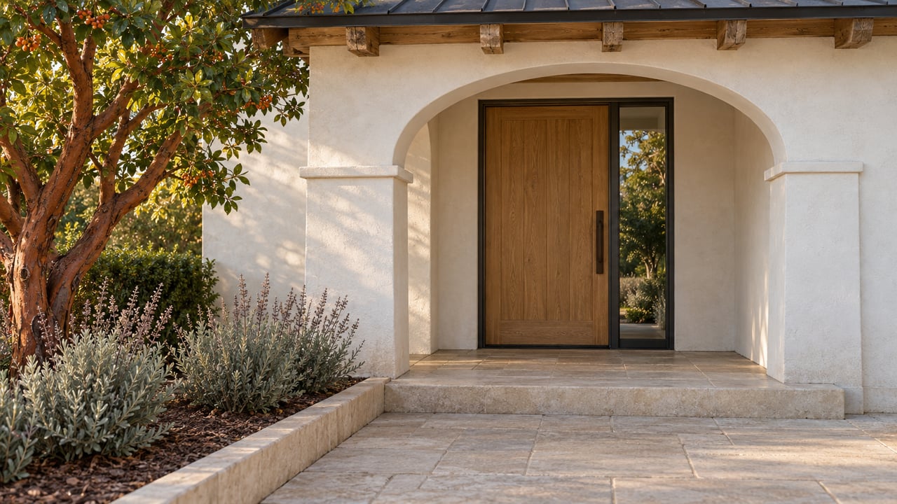 Sunlit plaster arch framing an oak front door, limestone steps, and a garden with a strawberry tree and Cleveland sage.