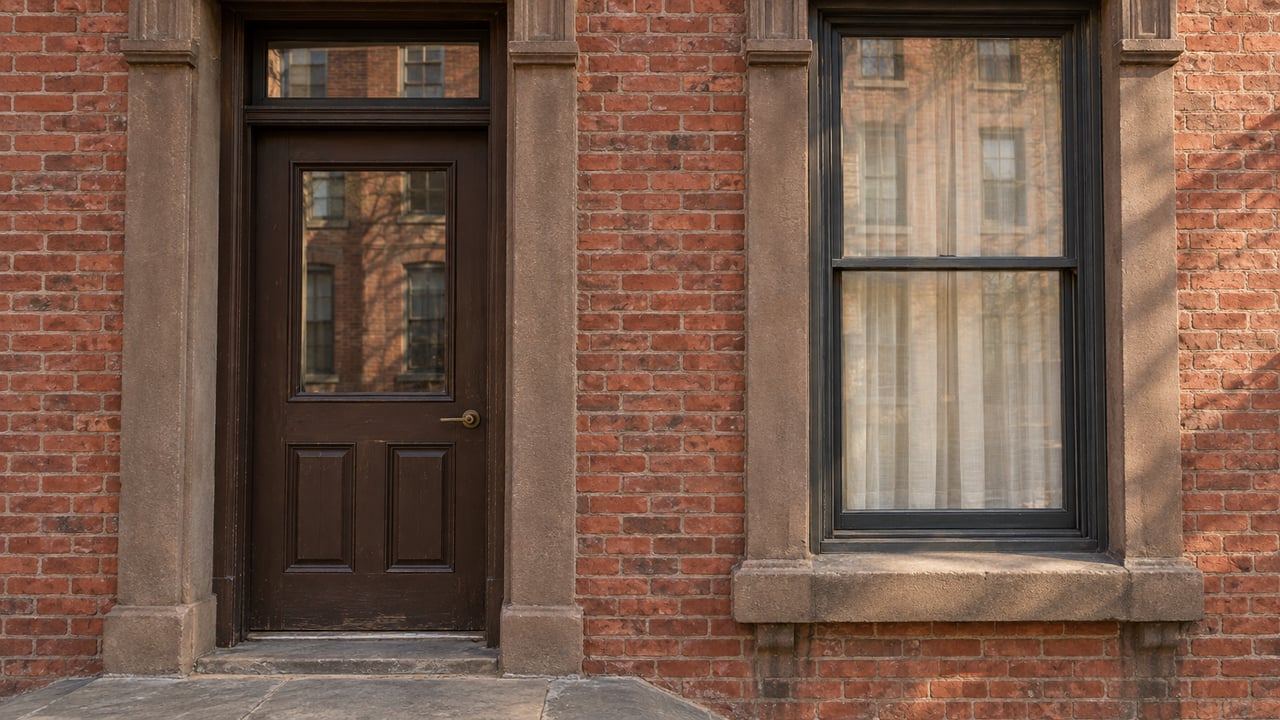 Late-afternoon light crosses a weathered brick townhouse entrance, brownstone trim and a tall sash window with a linen curtain.