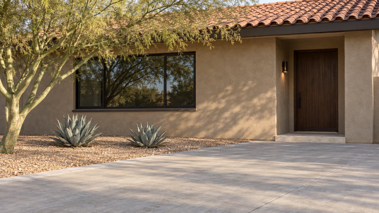 Sand-colored stucco house with a dark entry door, broad driveway, gravel forecourt, and spreading tree.