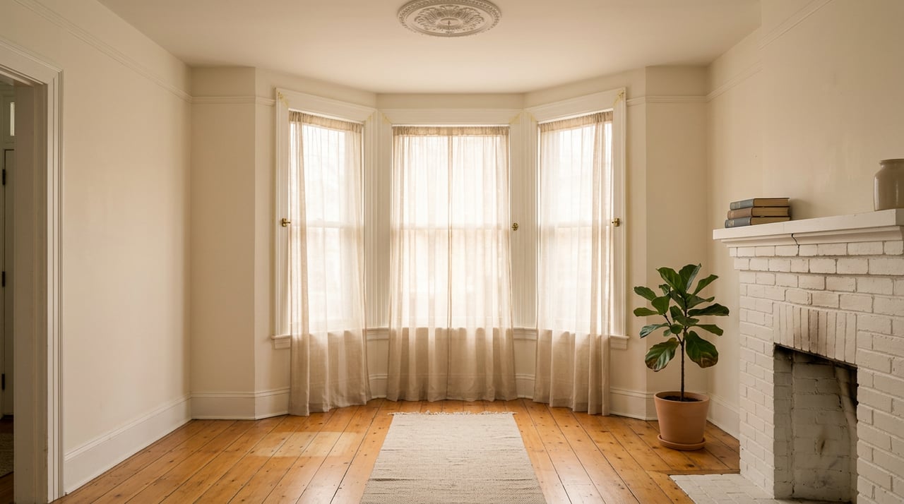 Historic parlor with a three-window bay, white brick fireplace, heart pine floors, and sheer curtains.