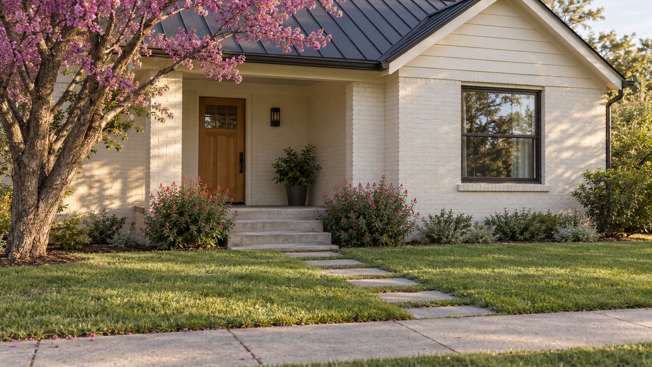 Updated cream-painted brick house with a recessed porch, oak door, front lawn, stepping stones, and redbud tree.