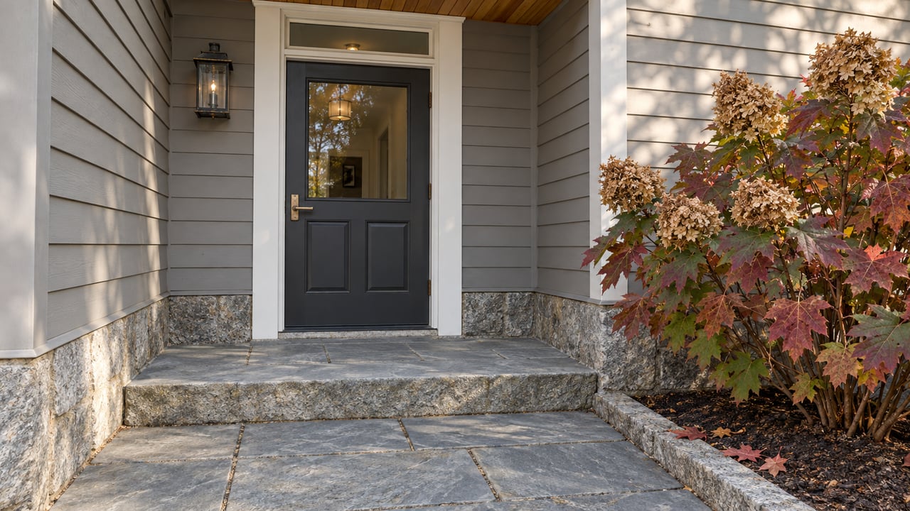 Gray clapboard entry with a charcoal glazed door, granite foundation, bluestone step and bronze oakleaf hydrangea foliage.