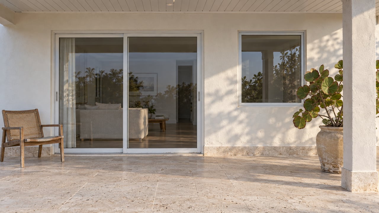 Covered veranda with pale stone flooring, closed glass doors, a weathered teak chair and a potted sea grape beside a white support column.