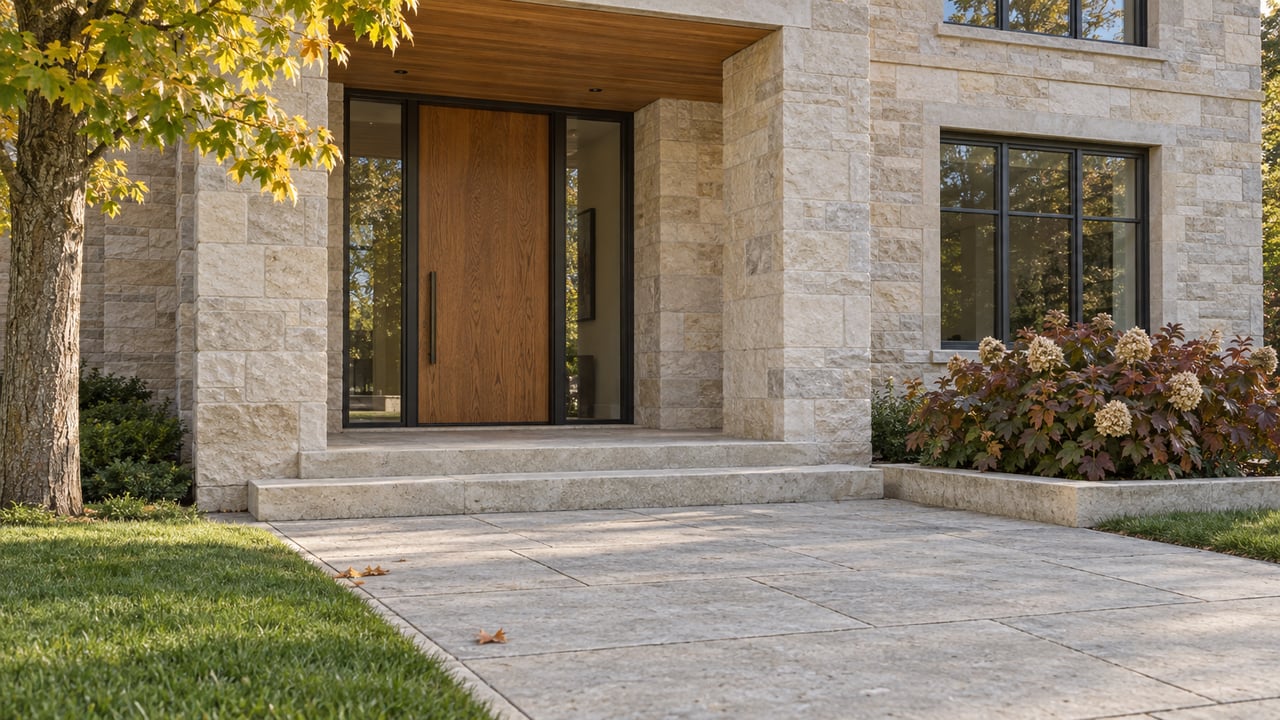 Limestone house entry with an oak door, charcoal-framed windows, broad stone steps and early-autumn planting.