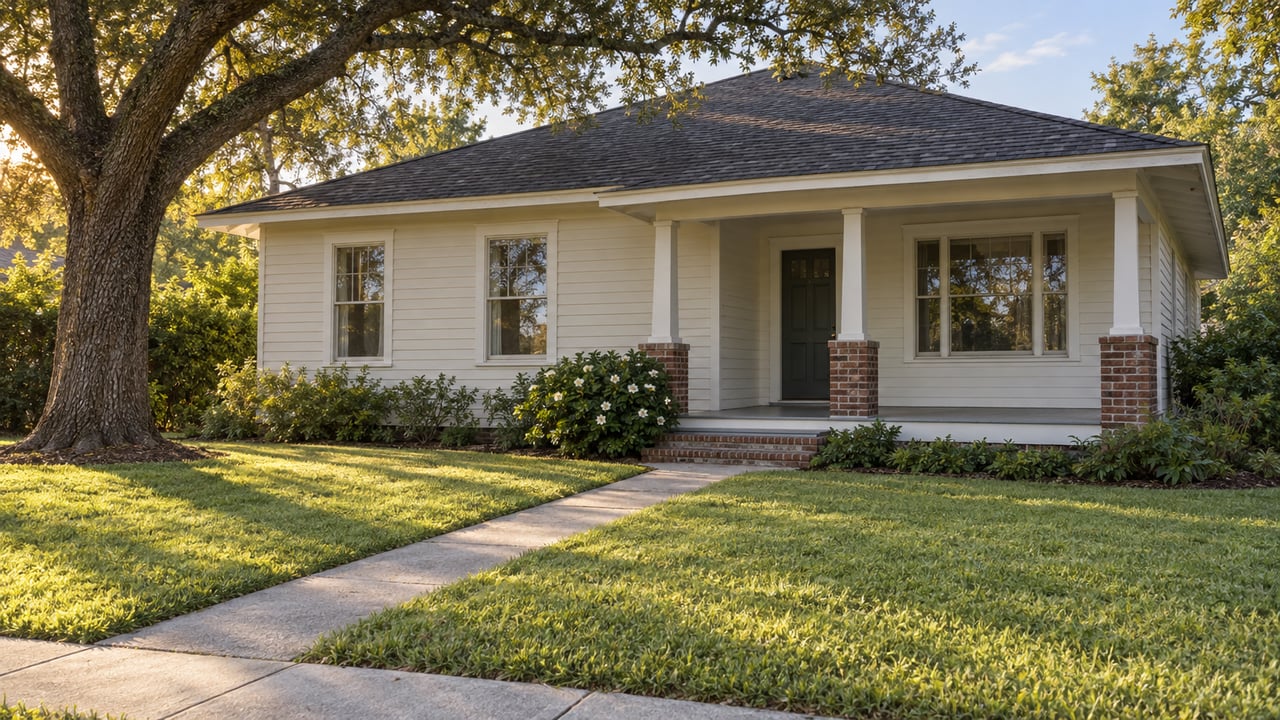 Cream clapboard house with a deep porch, brick piers, and a concrete path crossing the lawn beneath an oak.
