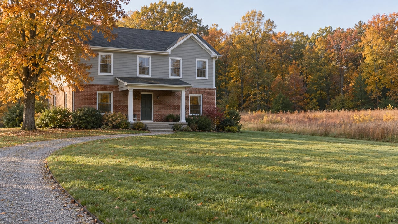 A traditional brick and gray-sided house beyond a broad lawn, with an autumn meadow and mature deciduous trees.