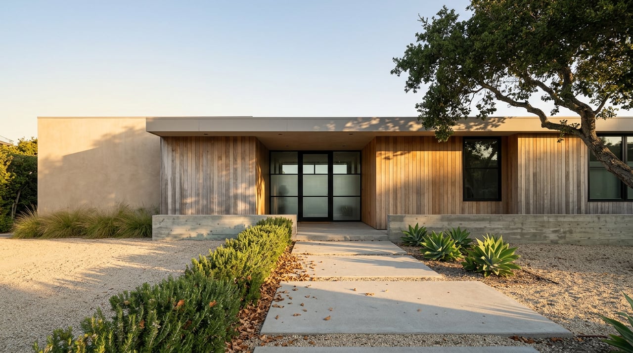 Single-story coastal home with cedar siding, concrete path, gravel court, and an oak shading the roof.