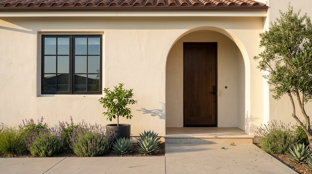 Arched home entry with a dark walnut door, black casement window, limestone step, and sunlit lavender.