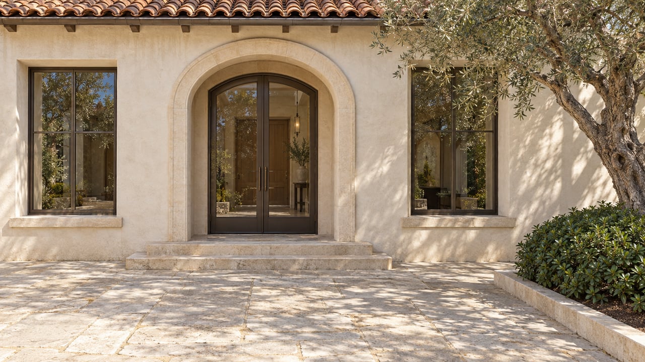 Cream stucco estate entrance with bronze-framed glazed double doors, weathered limestone courtyard and a mature olive tree.