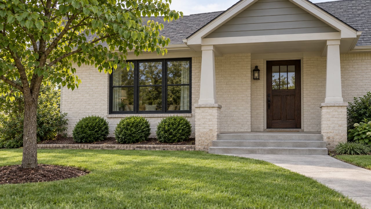 Ivory brick home with a covered porch, dark wood door, broad front lawn and a flowering-tree canopy beside the entry.