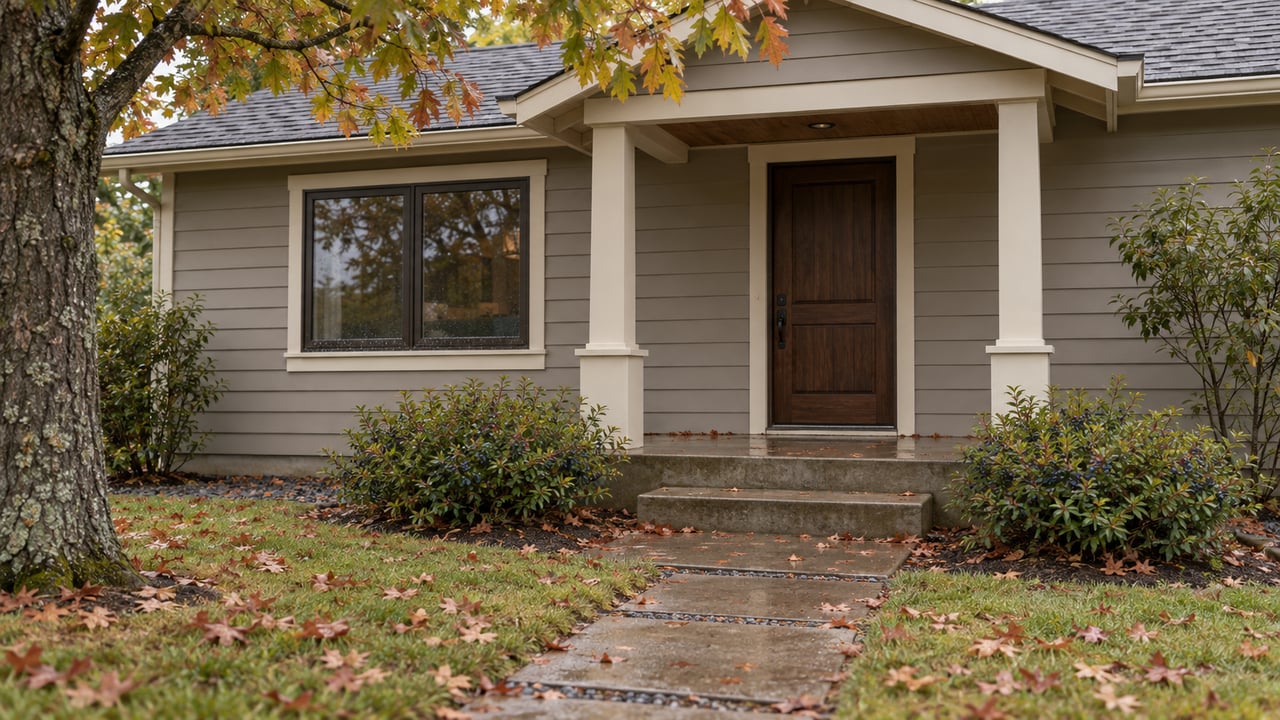 A gray bungalow with a covered entry, concrete path, and fallen leaves beneath a mature oak.