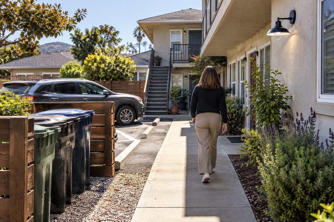 A property manager arrives for an ordinary management visit at a small San Luis Obispo County rental with several routine exterior responsibilities visible.