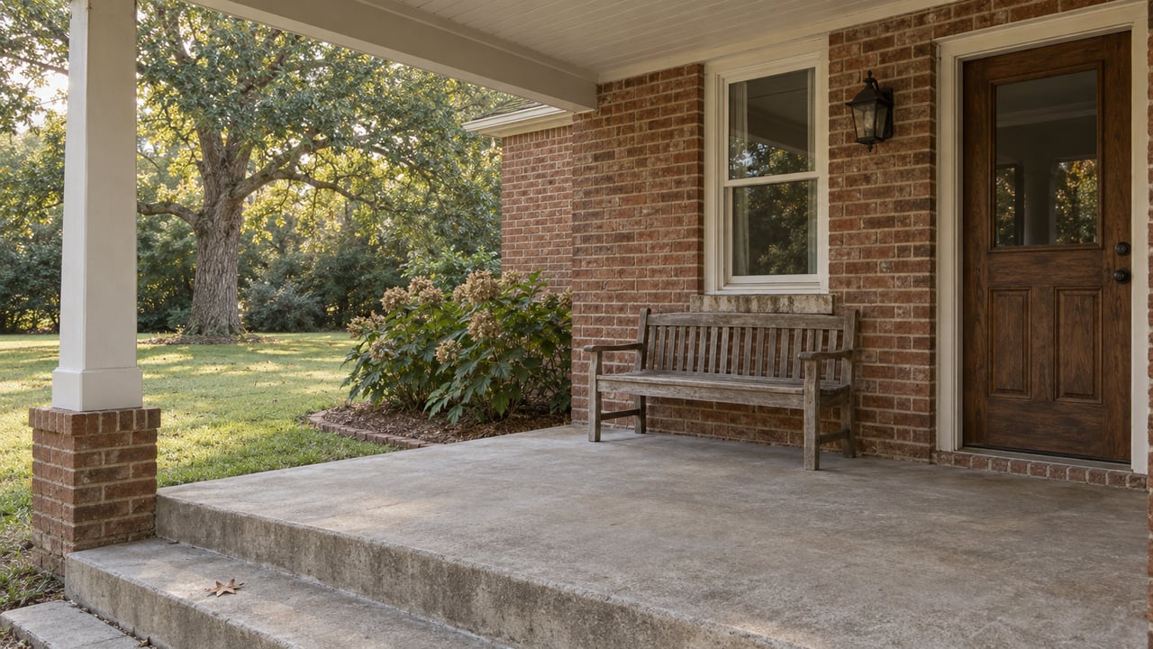 Covered brick porch with a wooden bench, glazed timber door, concrete steps, and a mature oak beyond a broad lawn.