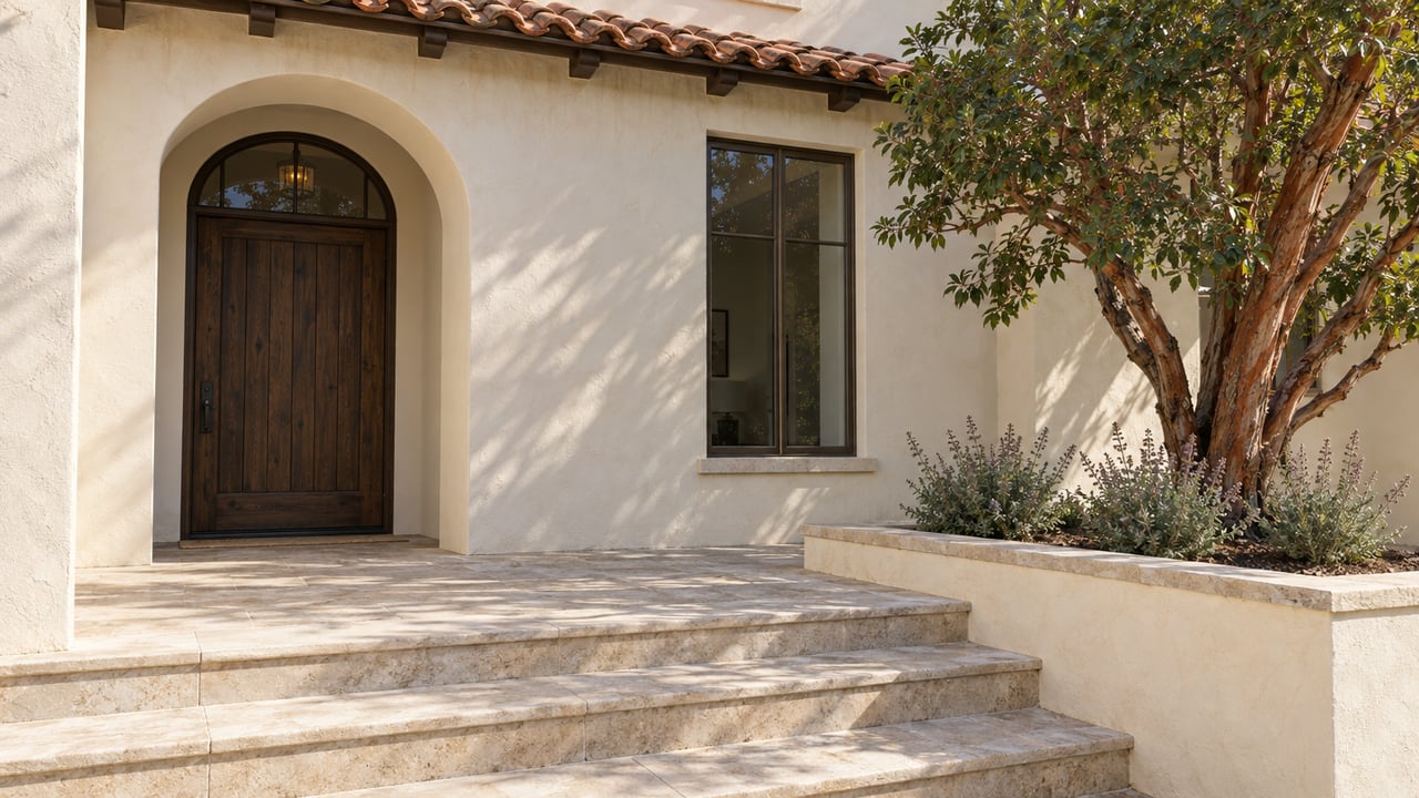 Sunlit cream-stucco hillside home with an arched oak entry, limestone steps and a sculptural strawberry tree in a raised planter.