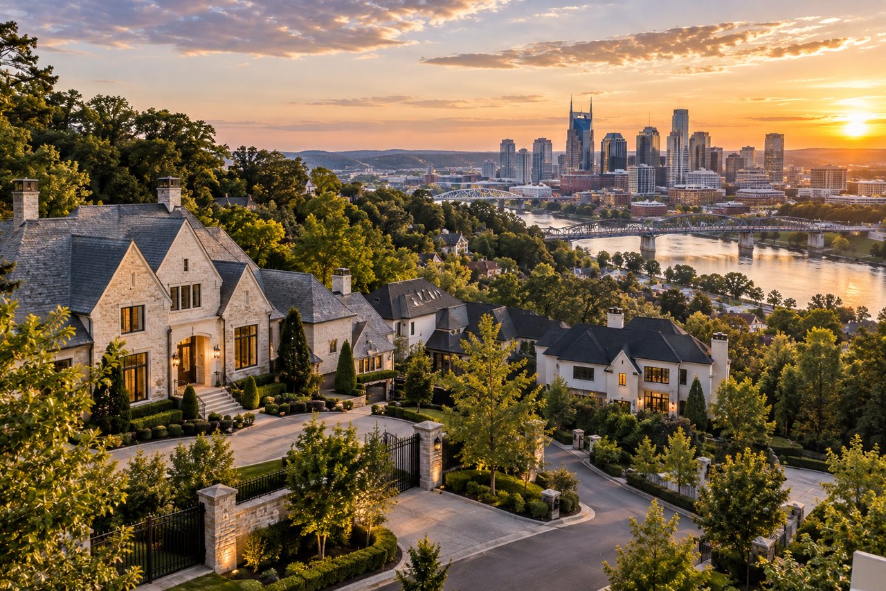 Luxury homes overlooking the Nashville skyline, representing some of the most expensive zip codes and high-end residential areas in Nashville, Tennessee, in 2026.