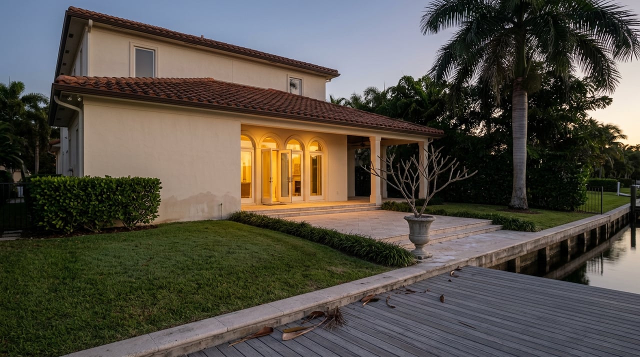 Cream stucco house with glowing arched doors, terrace, palm, and dock beside still water at dusk.