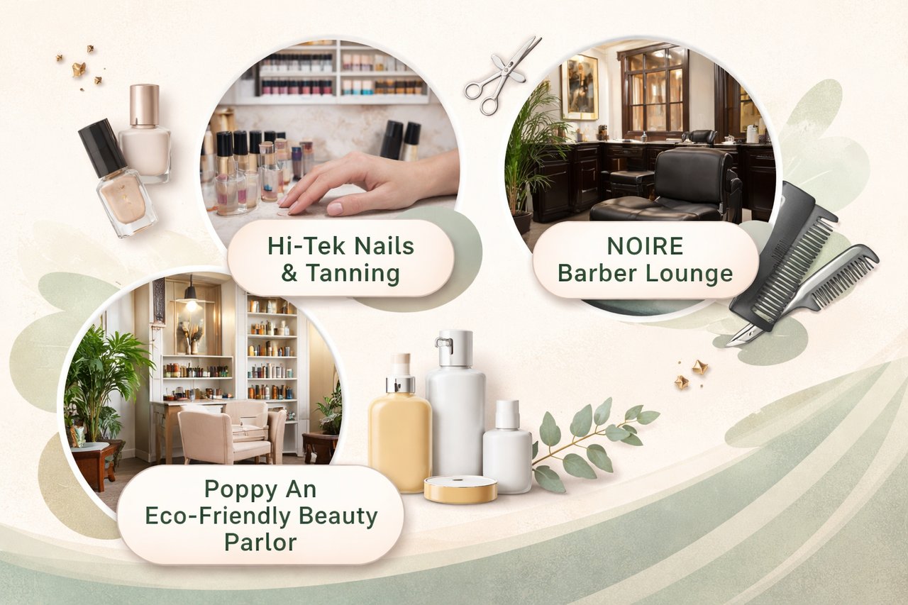 Graphic highlighting Best Nail Salon Hi-Tek Nails & Tanning, Best Barber NOIRE Barber Lounge, and Best Salon Poppy An Eco-Friendly Beauty Parlor in Pullman WA