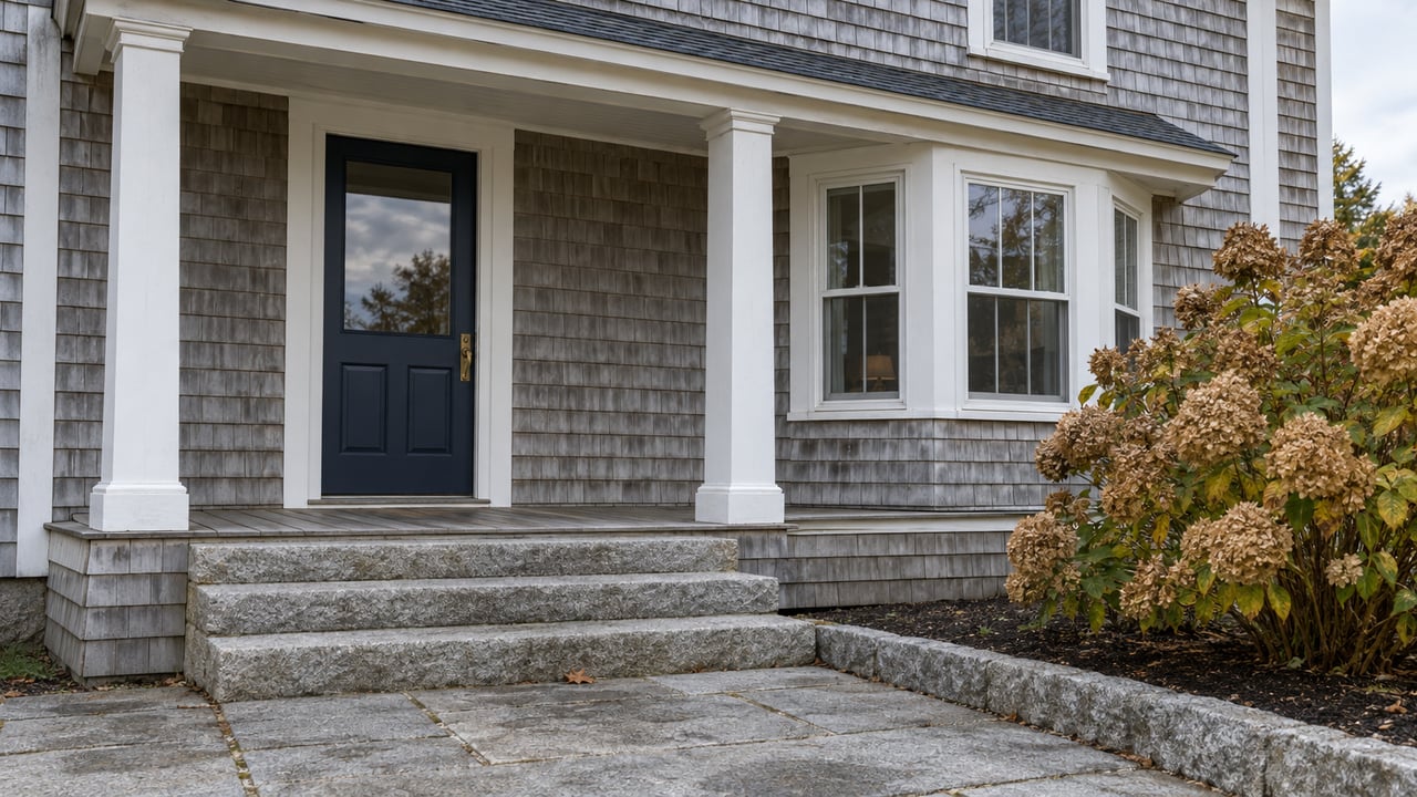 Weathered cedar-shingled home with a navy entry door, white bay windows, granite steps and dried hydrangea blooms in cool autumn light.